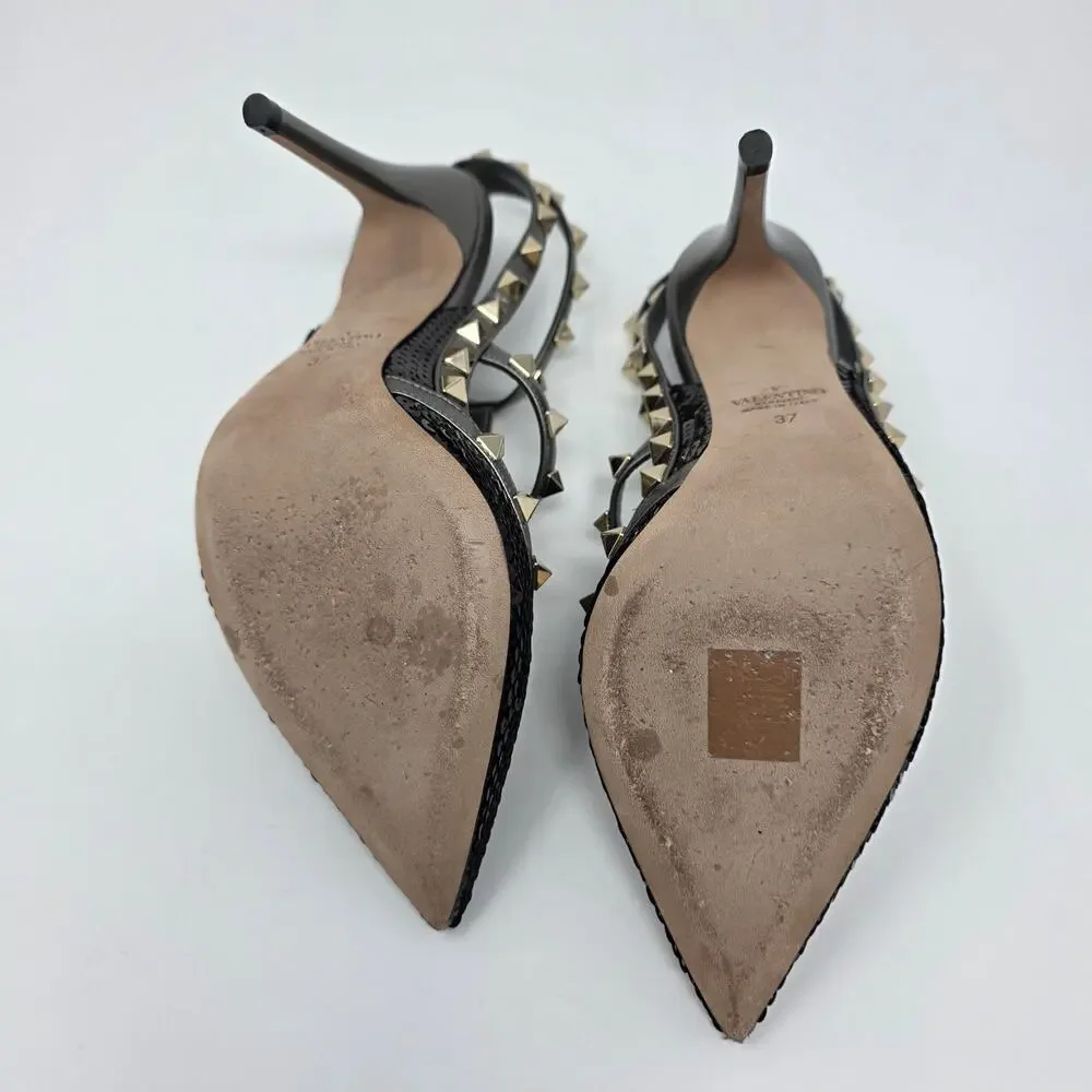 Valentino Rockstud Slingback Heels Stud Black Sequin Strappy Gladiator Pump 37 7